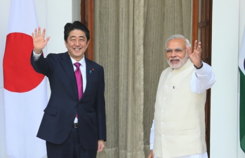 Prime Minister Abe being greeted by Prime Minister Modi prior to a bilateral summit in New Delhi in December 2015. © Official Website of the Prime Minister of Japan and His Cabinet (http://japan.kantei.go.jp/97_abe/actions/201512/12article1.html)