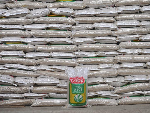 Bags of packaged Copa brand rice.