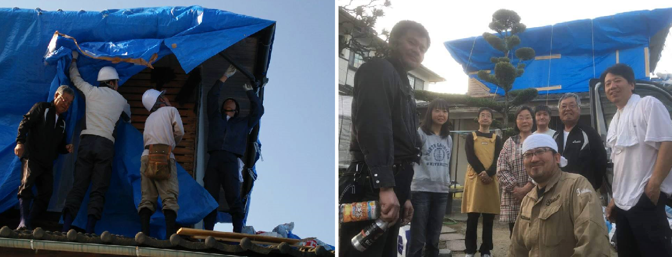 Soken workers help repair leaking roofs in the wake of the Kumamoto earthquakes. © Soken