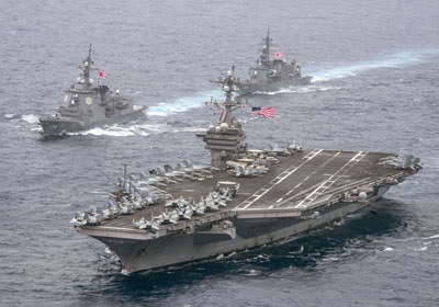 The USS Carl Vinson conducts joint exercises with MSDF vessels in the western Pacific. © KyodoNews